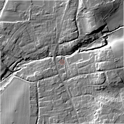 Shaded relief map of the ground around WR53JF, computed from Environment Agency LiDAR. The ground here sits at about 14 m above sea level and falls 15 m across the surrounding 800 m. Surface water reaching this point runs off ground lying to the south-east, 13.6 m higher.