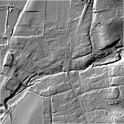 Shaded relief map of the ground around WR53JG, computed from Environment Agency LiDAR. The ground here sits at about 15 m above sea level and falls 14 m across the surrounding 800 m. Surface water reaching this point runs off ground lying to the north-north-east, 6.9 m higher.