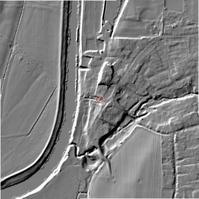 Shaded relief map of the ground around WR53JH, computed from Environment Agency LiDAR. The ground here sits at about 15 m above sea level and falls 9 m across the surrounding 800 m. Surface water reaching this point runs off ground lying to the north, 3.4 m higher.