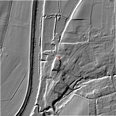 Shaded relief map of the ground around WR53JL, computed from Environment Agency LiDAR. The ground here sits at about 16 m above sea level and falls 9 m across the surrounding 800 m. Surface water reaching this point runs off ground lying to the south, 5.0 m higher.