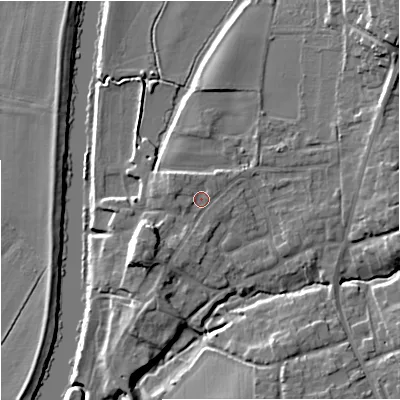 Shaded relief map of the ground around WR53JN, computed from Environment Agency LiDAR. The ground here sits at about 16 m above sea level and falls 15 m across the surrounding 800 m. Surface water reaching this point runs off ground lying to the west-north-west, 1.7 m higher.