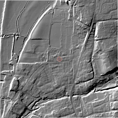 Shaded relief map of the ground around WR53JP, computed from Environment Agency LiDAR. The ground here sits at about 15 m above sea level and falls 15 m across the surrounding 800 m. Surface water reaching this point runs off ground lying to the east, 0.6 m higher.