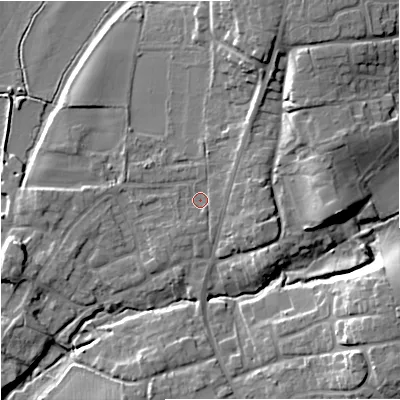 Shaded relief map of the ground around WR53JR, computed from Environment Agency LiDAR. The ground here sits at about 15 m above sea level and falls 15 m across the surrounding 800 m. Surface water reaching this point runs off ground lying to the north-east, 2.5 m higher.