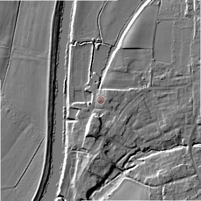 Shaded relief map of the ground around WR53JS, computed from Environment Agency LiDAR. The ground here sits at about 16 m above sea level and falls 12 m across the surrounding 800 m. Surface water reaching this point runs off ground lying to the north-east, 2.3 m higher.