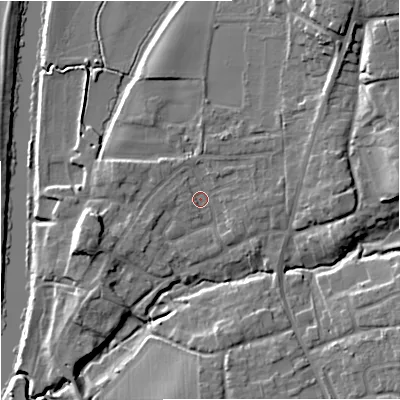 Shaded relief map of the ground around WR53JT, computed from Environment Agency LiDAR. The ground here sits at about 15 m above sea level and falls 15 m across the surrounding 800 m. Surface water reaching this point runs off ground lying to the east-north-east, 3.0 m higher.
