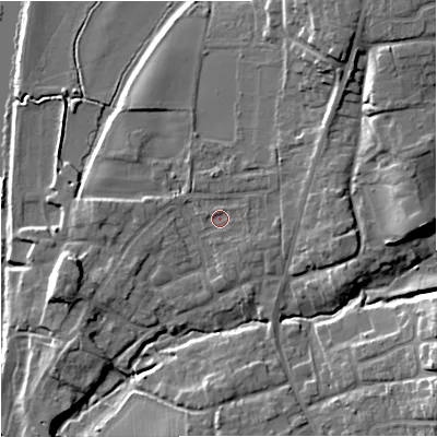 Shaded relief map of the ground around WR53JU, computed from Environment Agency LiDAR. The ground here sits at about 15 m above sea level and falls 15 m across the surrounding 800 m. Surface water reaching this point runs off ground lying to the east-north-east, 2.8 m higher.