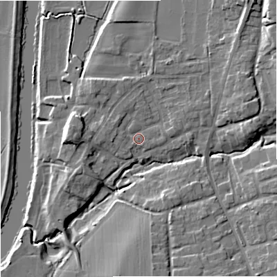 Shaded relief map of the ground around WR53JX, computed from Environment Agency LiDAR. The ground here sits at about 15 m above sea level and falls 13 m across the surrounding 800 m. Surface water reaching this point runs off ground lying to the west, 3.3 m higher.