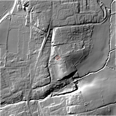 Shaded relief map of the ground around WR53JZ, computed from Environment Agency LiDAR. The ground here sits at about 21 m above sea level and falls 14 m across the surrounding 800 m. Surface water reaching this point runs off ground lying to the east-north-east, 4.6 m higher.