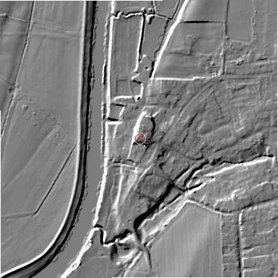 Shaded relief map of the ground around WR53LP, computed from Environment Agency LiDAR. The ground here sits at about 19 m above sea level and falls 9 m across the surrounding 800 m. Surface water reaching this point runs off ground lying to the west-north-west, 2.9 m higher.