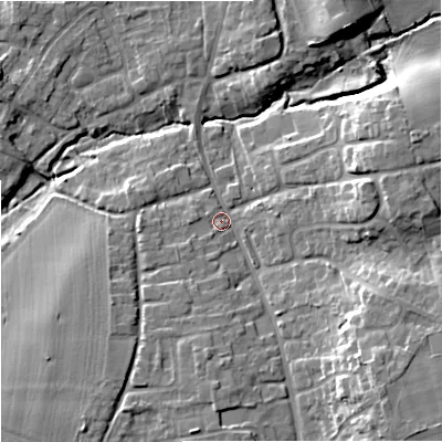 Shaded relief map of the ground around WR53NA, computed from Environment Agency LiDAR. The ground here sits at about 16 m above sea level and falls 15 m across the surrounding 800 m. Surface water reaching this point runs off ground lying to the south-east, 11.3 m higher.