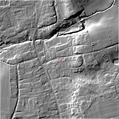 Shaded relief map of the ground around WR53NS, computed from Environment Agency LiDAR. The ground here sits at about 17 m above sea level and falls 15 m across the surrounding 800 m. Surface water reaching this point runs off ground lying to the east, 7.3 m higher.