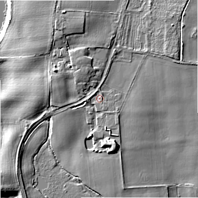 Shaded relief map of the ground around WR53PA, computed from Environment Agency LiDAR. The ground here sits at about 17 m above sea level and falls 10 m across the surrounding 800 m. Surface water reaching this point runs off ground lying to the west, 1.1 m higher.