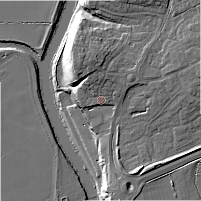 Shaded relief map of the ground around WR53QU, computed from Environment Agency LiDAR. The ground here sits at about 26 m above sea level and falls 22 m across the surrounding 800 m. Surface water reaching this point runs off ground lying to the north-north-east, 6.0 m higher.