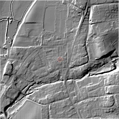 Shaded relief map of the ground around WR53QX, computed from Environment Agency LiDAR. The ground here sits at about 16 m above sea level and falls 14 m across the surrounding 800 m. Surface water reaching this point runs off ground lying to the north-east, 2.5 m higher.