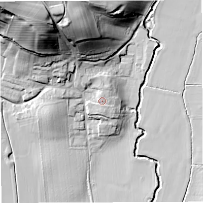 Shaded relief map of the ground around WR65AR, computed from Environment Agency LiDAR. The ground here sits at about 83 m above sea level and falls 53 m across the surrounding 800 m. Surface water reaching this point runs off ground lying to the north, 1.6 m higher.