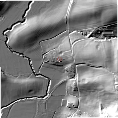 Shaded relief map of the ground around WR65BA, computed from Environment Agency LiDAR. The ground here sits at about 90 m above sea level and falls 60 m across the surrounding 800 m. Surface water reaching this point runs off ground lying to the east, 17.6 m higher.