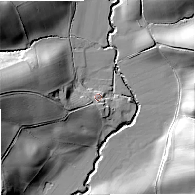 Shaded relief map of the ground around WR65BJ, computed from Environment Agency LiDAR. The ground here sits at about 87 m above sea level and falls 39 m across the surrounding 800 m. Surface water reaching this point runs off ground lying to the west, 29.9 m higher.