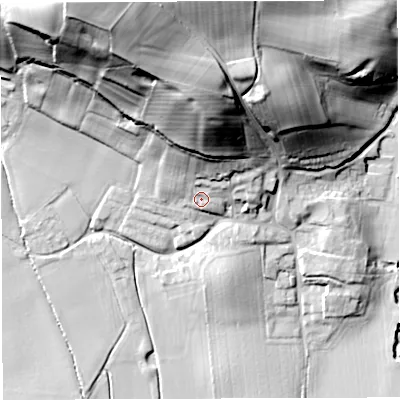 Shaded relief map of the ground around WR65BP, computed from Environment Agency LiDAR. The ground here sits at about 87 m above sea level and falls 63 m across the surrounding 800 m. Surface water reaching this point runs off ground lying to the north, 32.0 m higher.
