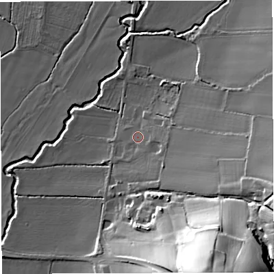 Shaded relief map of the ground around WR65BT, computed from Environment Agency LiDAR. The ground here sits at about 74 m above sea level and falls 41 m across the surrounding 800 m. Surface water reaching this point runs off ground lying to the east, 1.4 m higher.