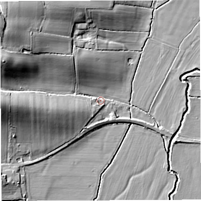 Shaded relief map of the ground around WR65BX, computed from Environment Agency LiDAR. The ground here sits at about 72 m above sea level and falls 21 m across the surrounding 800 m. Surface water reaching this point runs off ground lying to the west-north-west, 19.3 m higher.