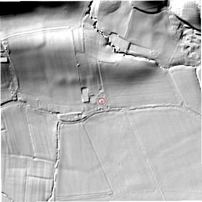 Shaded relief map of the ground around WR65BY, computed from Environment Agency LiDAR. The ground here sits at about 83 m above sea level and falls 43 m across the surrounding 800 m. Surface water reaching this point runs off ground lying to the north-north-west, 16.8 m higher.