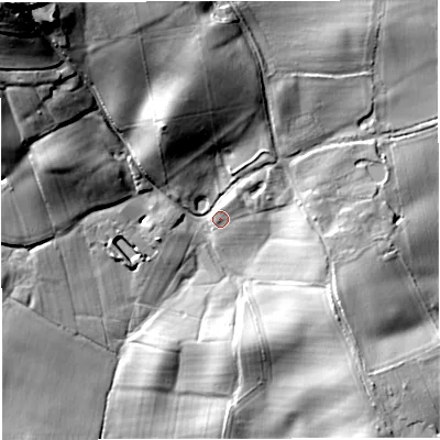 Shaded relief map of the ground around WR65DQ, computed from Environment Agency LiDAR. The ground here sits at about 83 m above sea level and falls 43 m across the surrounding 800 m. Surface water reaching this point runs off ground lying to the north-east, 6.6 m higher.