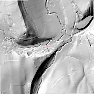 Shaded relief map of the ground around WR65DU, computed from Environment Agency LiDAR. The ground here sits at about 60 m above sea level and falls 56 m across the surrounding 800 m. Surface water reaching this point runs off ground lying to the north-west, 52.8 m higher.