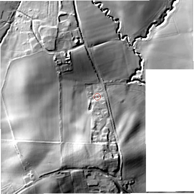 Shaded relief map of the ground around WR65EA, computed from Environment Agency LiDAR. The ground here sits at about 72 m above sea level and falls 31 m across the surrounding 800 m. Surface water reaching this point runs off ground lying to the south-south-west, 20.7 m higher.
