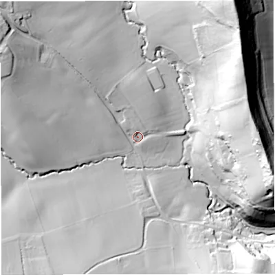Shaded relief map of the ground around WR65EE, computed from Environment Agency LiDAR. The ground here sits at about 63 m above sea level and falls 68 m across the surrounding 800 m. Surface water reaching this point runs off ground lying to the north-west, 26.4 m higher.