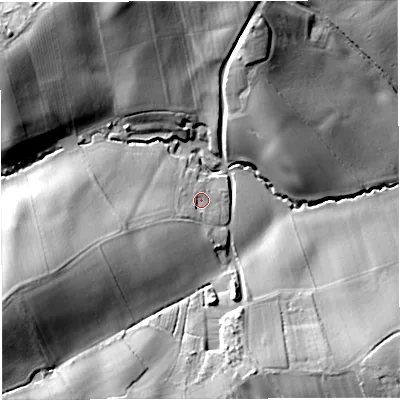 Shaded relief map of the ground around WR65EQ, computed from Environment Agency LiDAR. The ground here sits at about 70 m above sea level and falls 29 m across the surrounding 800 m. Surface water reaching this point runs off ground lying to the south-west, 3.7 m higher.
