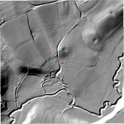 Shaded relief map of the ground around WR65HP, computed from Environment Agency LiDAR. The ground here sits at about 40 m above sea level and falls 32 m across the surrounding 800 m. Surface water reaching this point runs off ground lying to the west-north-west, 20.7 m higher.