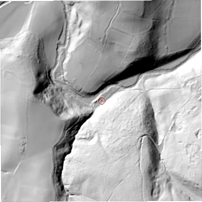 Shaded relief map of the ground around WR65HU, computed from Environment Agency LiDAR. The ground here sits at about 47 m above sea level and falls 98 m across the surrounding 800 m. Surface water reaching this point runs off ground lying to the south-south-east, 91.1 m higher.