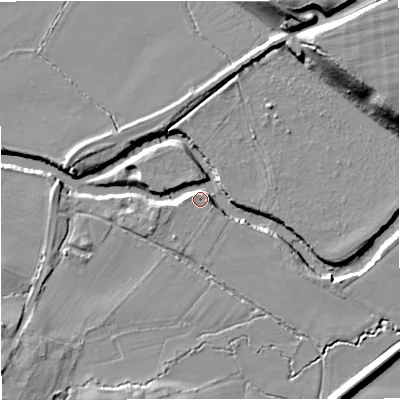 Shaded relief map of the ground around WR65JL, computed from Environment Agency LiDAR. The ground here sits at about 18 m above sea level and falls 20 m across the surrounding 800 m. Surface water reaching this point runs off ground lying to the east, 4.7 m higher.