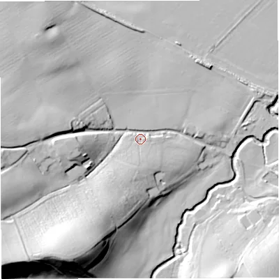 Shaded relief map of the ground around WR65LA, computed from Environment Agency LiDAR. The ground here sits at about 26 m above sea level and falls 34 m across the surrounding 800 m. Surface water reaching this point runs off ground lying to the south-south-west, 26.0 m higher.