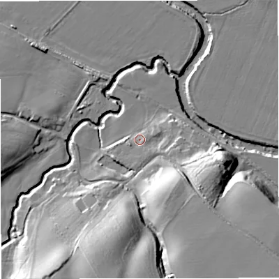 Shaded relief map of the ground around WR65LB, computed from Environment Agency LiDAR. The ground here sits at about 22 m above sea level and falls 23 m across the surrounding 800 m. Surface water reaching this point runs off ground lying to the south, 3.1 m higher.