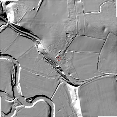 Shaded relief map of the ground around WR65LX, computed from Environment Agency LiDAR. The ground here sits at about 36 m above sea level and falls 24 m across the surrounding 800 m. Surface water reaching this point runs off ground lying to the west, 1.6 m higher.