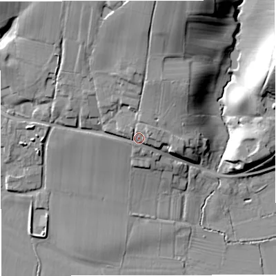 Shaded relief map of the ground around WR65NE, computed from Environment Agency LiDAR. The ground here sits at about 34 m above sea level and falls 26 m across the surrounding 800 m. Surface water reaching this point runs off ground lying to the north, 3.8 m higher.