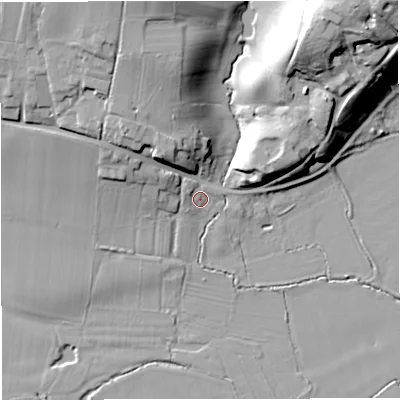 Shaded relief map of the ground around WR65NF, computed from Environment Agency LiDAR. The ground here sits at about 25 m above sea level and falls 29 m across the surrounding 800 m. Surface water reaching this point runs off ground lying to the north-west, 2.6 m higher.