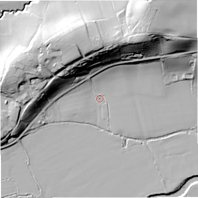 Shaded relief map of the ground around WR65NL, computed from Environment Agency LiDAR. The ground here sits at about 22 m above sea level and falls 42 m across the surrounding 800 m. Surface water reaching this point runs off ground lying to the north, 34.3 m higher.