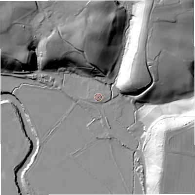 Shaded relief map of the ground around WR65NZ, computed from Environment Agency LiDAR. The ground here sits at about 27 m above sea level and falls 41 m across the surrounding 800 m. Surface water reaching this point runs off ground lying to the north-north-east, 4.9 m higher.