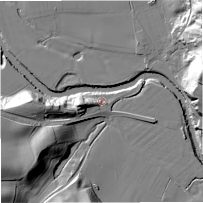Shaded relief map of the ground around WR65PH, computed from Environment Agency LiDAR. The ground here sits at about 29 m above sea level and falls 45 m across the surrounding 800 m. Surface water reaching this point runs off ground lying to the west, 16.2 m higher.