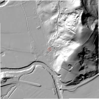 Shaded relief map of the ground around WR65PJ, computed from Environment Agency LiDAR. The ground here sits at about 29 m above sea level and falls 127 m across the surrounding 800 m. Surface water reaching this point runs off ground lying to the east, 73.3 m higher.