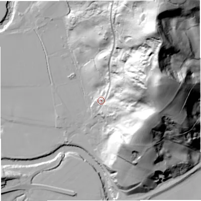 Shaded relief map of the ground around WR65PL, computed from Environment Agency LiDAR. The ground here sits at about 35 m above sea level and falls 126 m across the surrounding 800 m. Surface water reaching this point runs off ground lying to the east-north-east, 98.2 m higher.