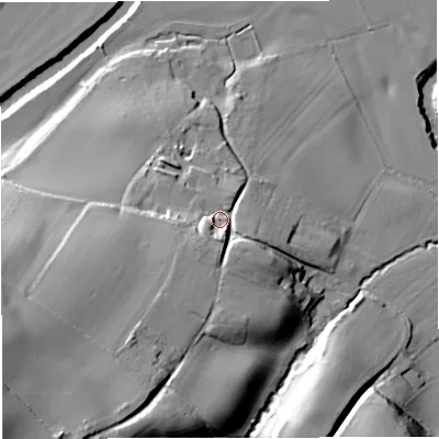 Shaded relief map of the ground around WR65QN, computed from Environment Agency LiDAR. The ground here sits at about 38 m above sea level and falls 41 m across the surrounding 800 m. Surface water reaching this point runs off ground lying to the south-west, 12.3 m higher.