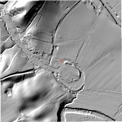 Shaded relief map of the ground around WR65RS, computed from Environment Agency LiDAR. The ground here sits at about 32 m above sea level and falls 51 m across the surrounding 800 m. Surface water reaching this point runs off ground lying to the east-south-east, 2.2 m higher.