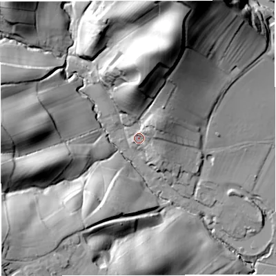 Shaded relief map of the ground around WR65RT, computed from Environment Agency LiDAR. The ground here sits at about 36 m above sea level and falls 58 m across the surrounding 800 m. Surface water reaching this point runs off ground lying to the north-east, 10.9 m higher.