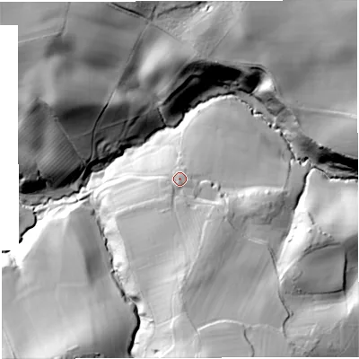 Shaded relief map of the ground around WR65UH, computed from Environment Agency LiDAR. The ground here sits at about 65 m above sea level and falls 49 m across the surrounding 800 m. Surface water reaching this point runs off ground lying to the south, 16.4 m higher.