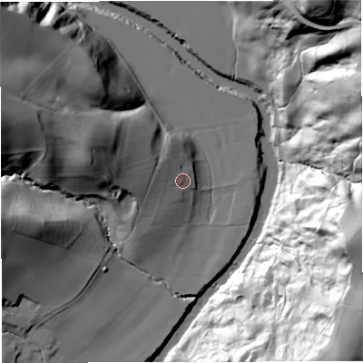 Shaded relief map of the ground around WR66DU, computed from Environment Agency LiDAR. The ground here sits at about 39 m above sea level and falls 73 m across the surrounding 800 m. Surface water reaching this point runs off ground lying to the west-north-west, 18.6 m higher.