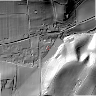 Shaded relief map of the ground around WR66JS, computed from Environment Agency LiDAR. The ground here sits at about 94 m above sea level and falls 64 m across the surrounding 800 m. Surface water reaching this point runs off ground lying to the north-north-west, 48.1 m higher.