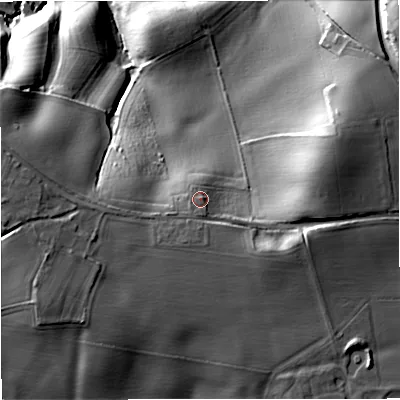 Shaded relief map of the ground around WR66LX, computed from Environment Agency LiDAR. The ground here sits at about 51 m above sea level and falls 35 m across the surrounding 800 m. Surface water reaching this point runs off ground lying to the south, 3.3 m higher.
